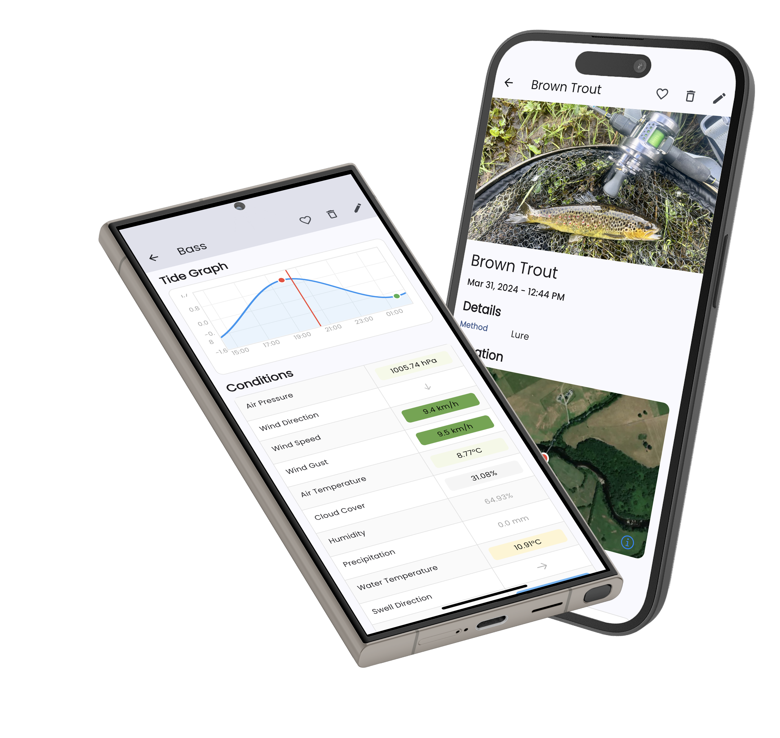 Catch logging screenshot showing automatic weather, tide, and location data